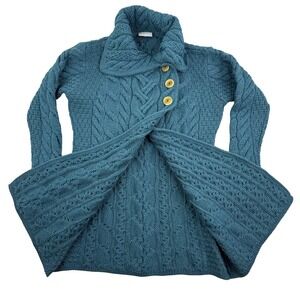 Aran Cardigan Womens XL Blue Super Soft Merino Wool Cable Knit Sweater Ireland